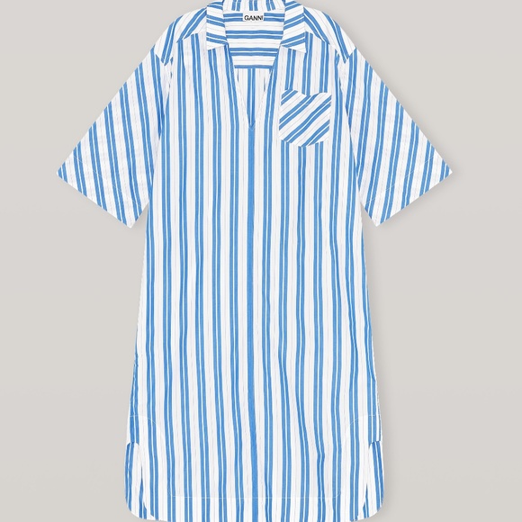 stripe cotton dress in daphne by ganni GANNI Nouvean Navy Dress in Striped Cotton